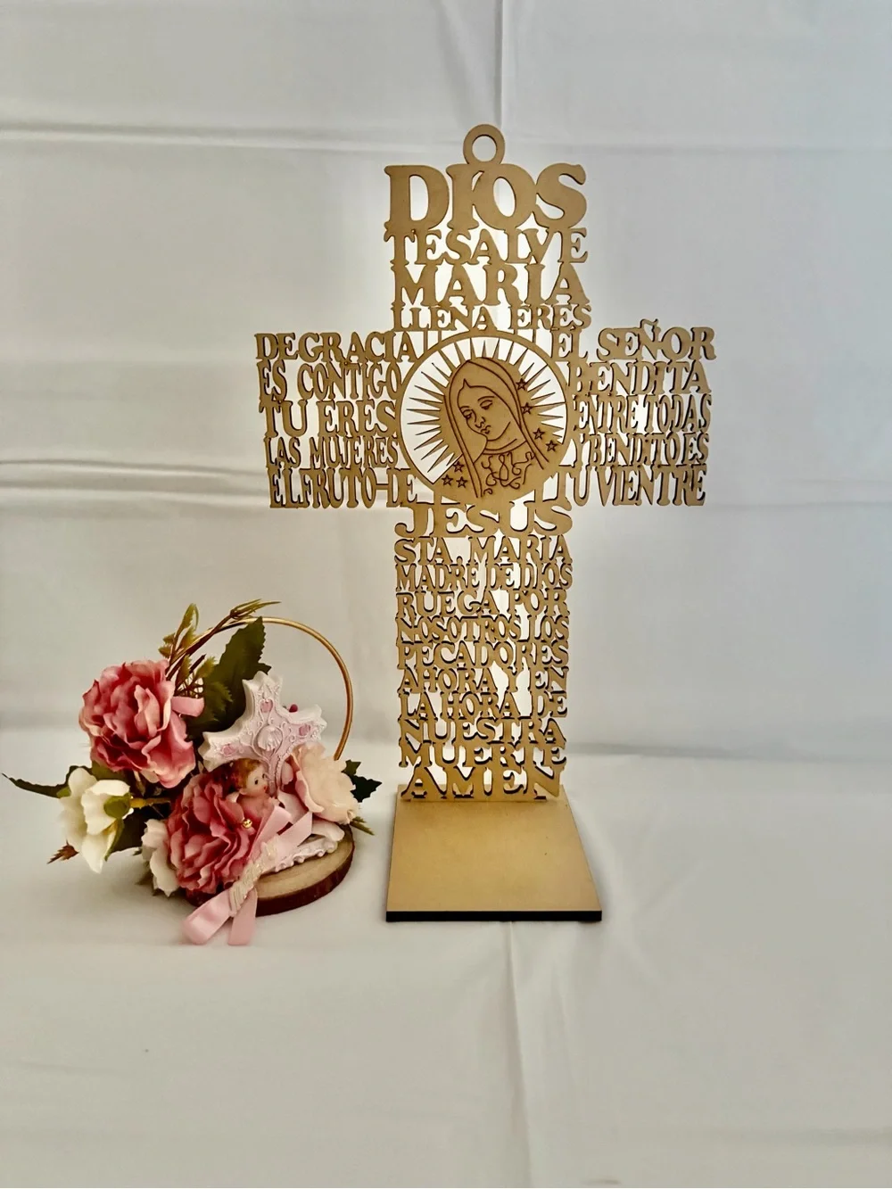 Wooden Laser-Cut Cross with Virgin Mary Design - Natural Wood